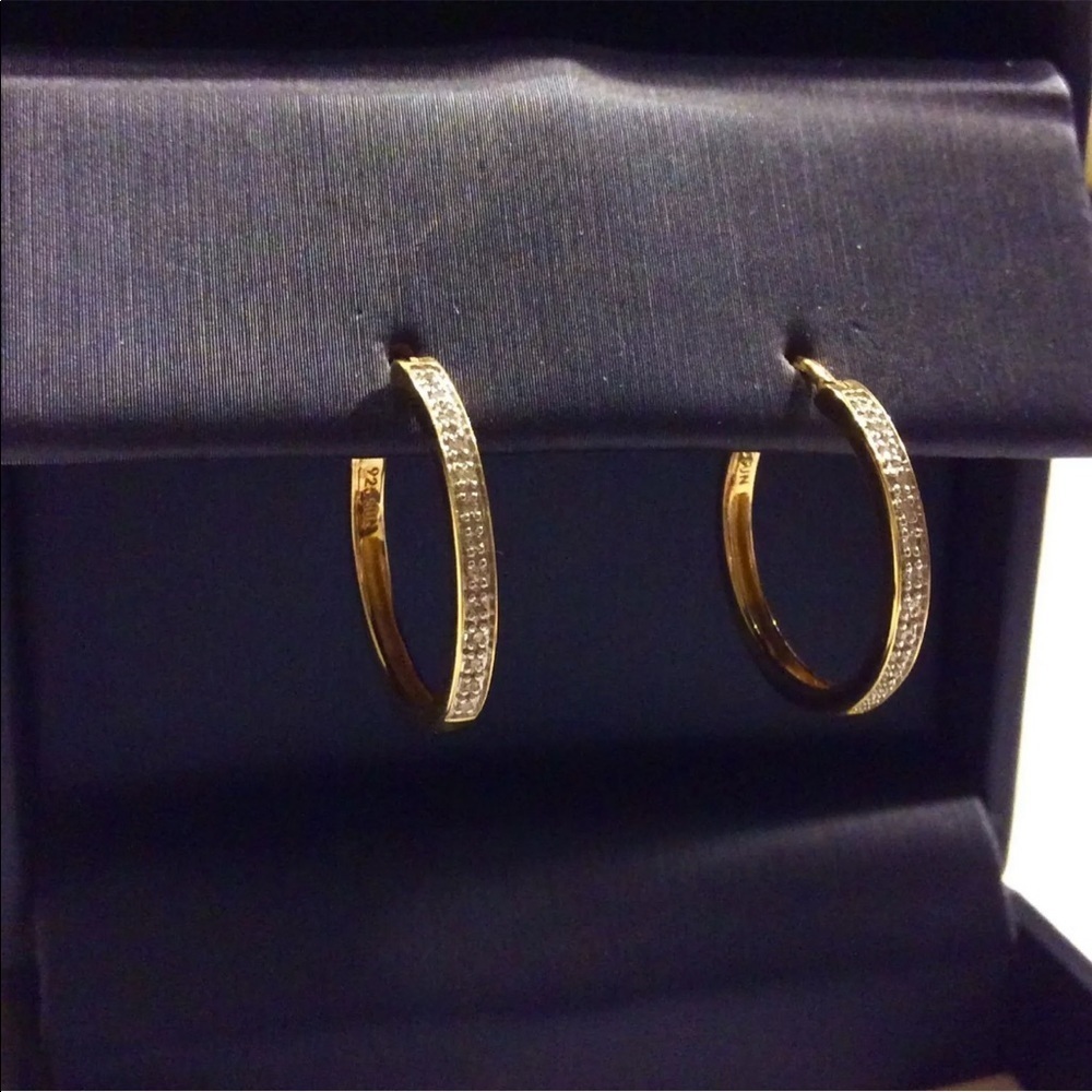 GENUINE DIAMONDS CLASSIC HOOP LARGE GOLD VERMEIL STERLING SILVER EARRINGS - Picture 3 of 5
